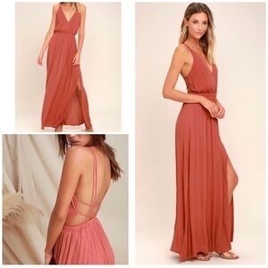 NWT Lulu’s Lost in Paradise Rusty Rose Cut-out Back V-Neck Maxi Dress​​​​​